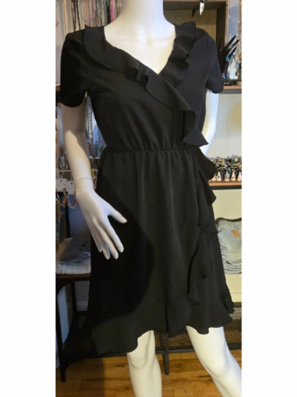 Black Ruffled V-Neck Dress XS